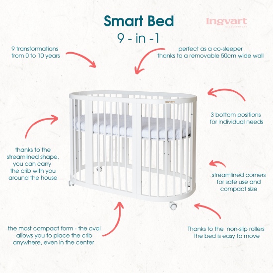 Bērnu Gultiņa-Transformators 9-in-1 Ingvart Smart, 65x173cm, Ovāla,Ziloņkaula Krāsa