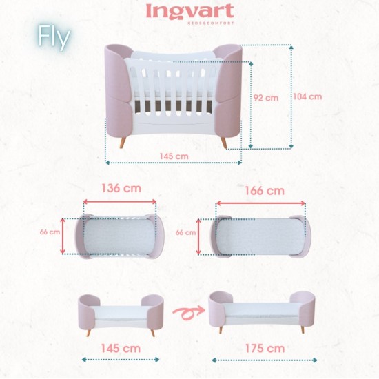 Bērnu gultiņa-transformators Ingvart Fly 6-in-1, 80x136cm, Boucle Trusītis