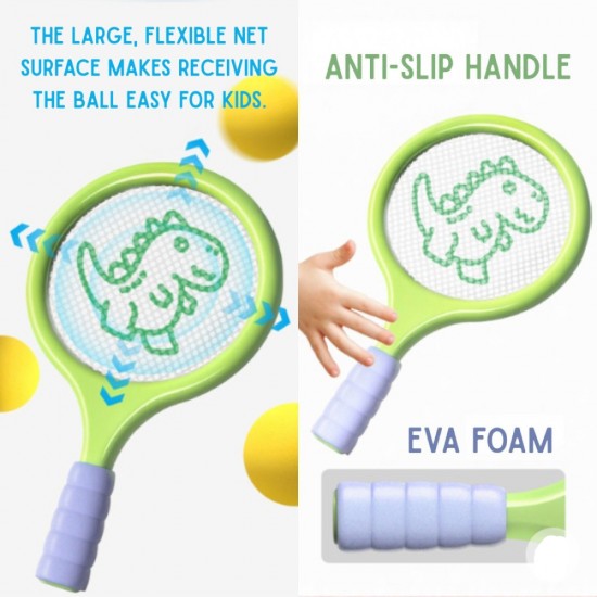 Badmintono rinkinys vaikams su raketėmis, putplasčio kamuoliuku ir dinozauro formos plunksnakočiu WOOPIE
