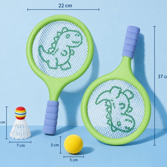 Badmintono rinkinys vaikams su raketėmis, putplasčio kamuoliuku ir dinozauro formos plunksnakočiu WOOPIE