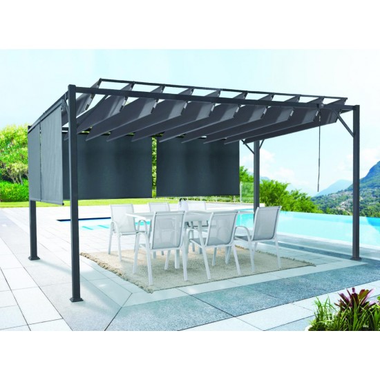Bioklimatinė sodo pergola 3 × 4 m su slankiojančiu stogeliu ir 4 markizėmis