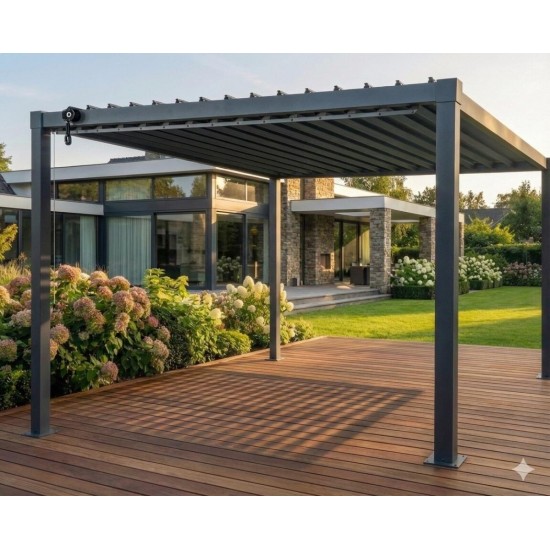 Bioklimatinė plieninė pergola 3 × 3 m su reguliuojamu stogu