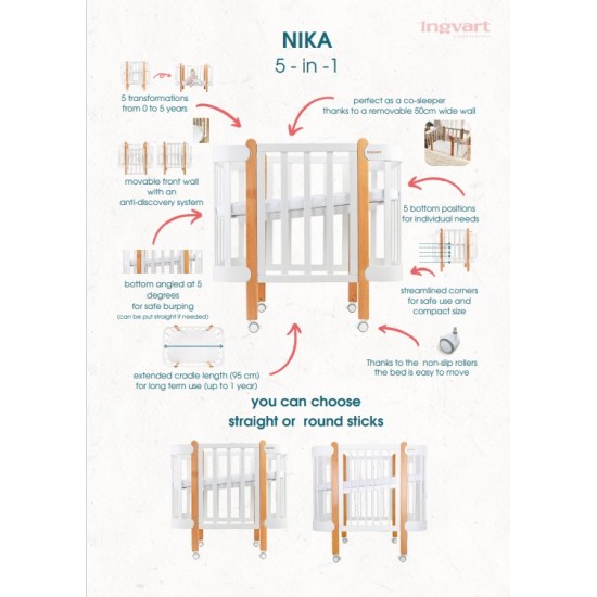 Bērnu Gultiņa-Transformers Ingvart Nika 5-in-1, 60x120cm, Balta/Pelēka Krāsa