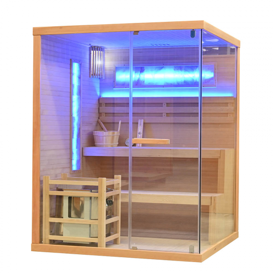 Sausā sauna AMO-TS3 pa kreisi ar plīti 150x140x190cm trīsvietīga