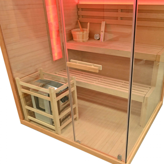 Sausā sauna AMO-TS3 pa kreisi ar plīti 150x140x190cm trīsvietīga