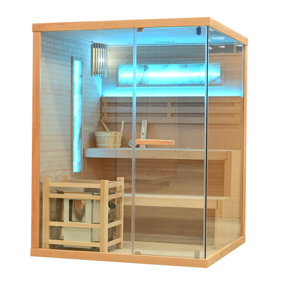 Sausā sauna AMO-TS3 pa kreisi ar plīti 150x140x190cm trīsvietīga