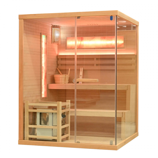 Sausā sauna AMO-TS3 pa kreisi ar plīti 150x140x190cm trīsvietīga