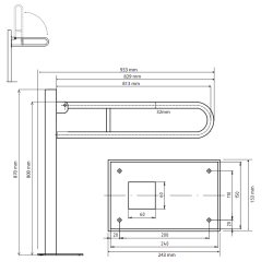 Atlenkiamas Laikiklis BEMETA Help 813 mm. Montuojamas į Grindis, Nerūdijančio Plieno, Šlifuotas