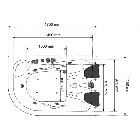 Masāžas vanna AMO-0205 Double Right 170x115cm