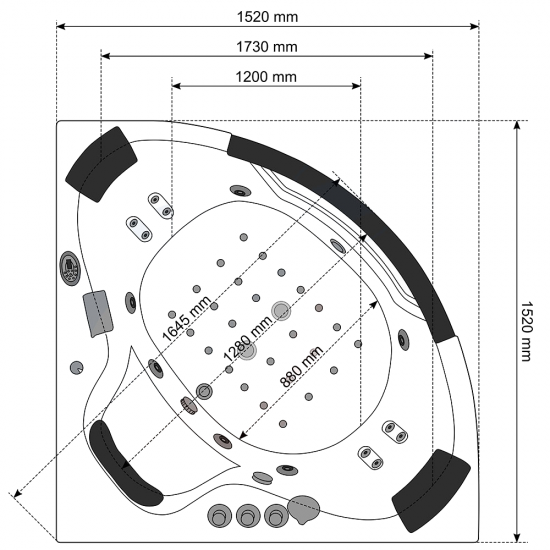 Masažinė Vonia AMO-1004 Turbo+ Juoda Dvivietė 152x152x56 cm.