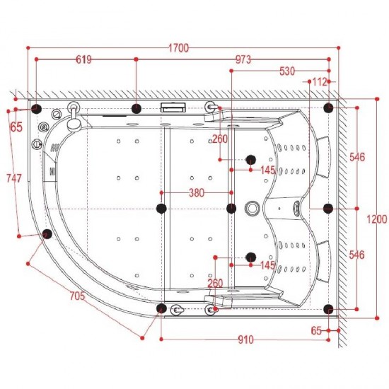 Masāžas vanna AMUE-004AR 170x120 cm. Divvietīgs numurs