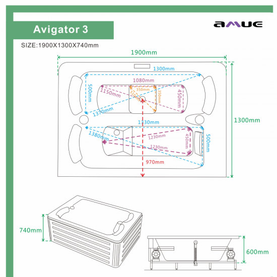 Masāžas vanna AMUE Avigator 3, Trīs vietas, 190x130X72cm.
