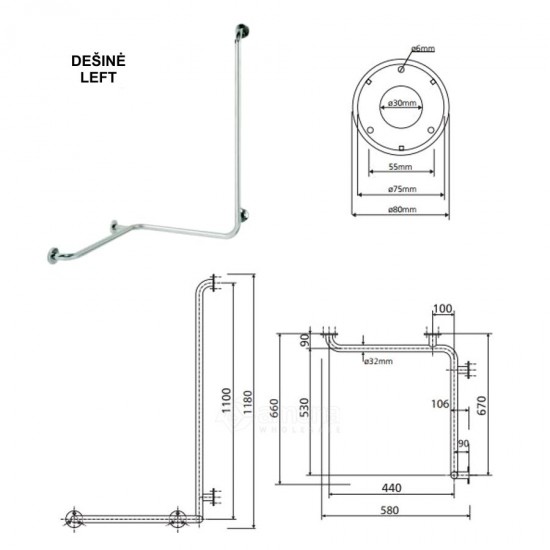 Dušo porankis BEMETA Left su lygia vertikalia atrama, Baltas