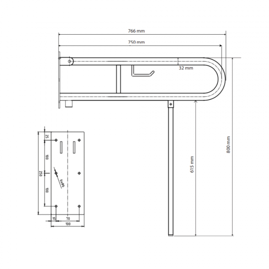 U Formos Atlenkiamas Laikiklis BEMETA Help 75cm. Su Atrama Nerūdijančio Plieno, Poliruotas
