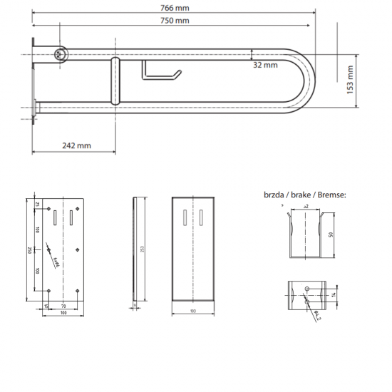 U Formos Atlenkiamas Laikiklis BEMETA Help 75cm. Su TP laikikliu Baltas