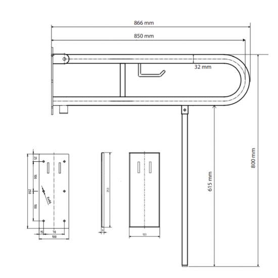 U Formos Atlenkiamas Laikiklis BEMETA Help 850 mm. Su Atrama, Baltas