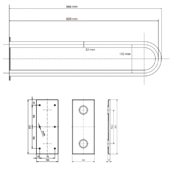 U Formos Atrama BEMETA Help 850 mm, Stacionari, Šlifuotas Nerūdijantis Plienas